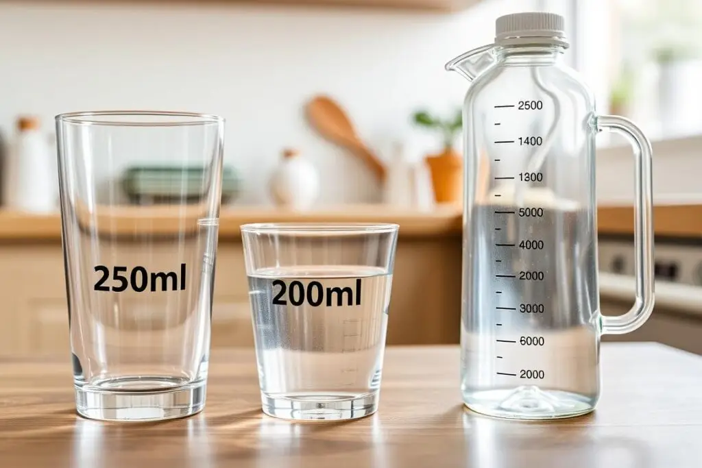 Różne naczynia zawierające 250 ml i 200 ml wody - szklanka, kubek i butelka