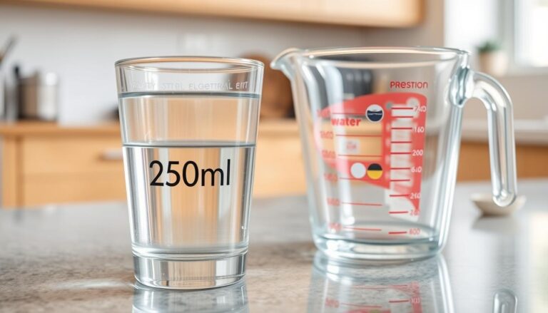 Szklanka z odmierzoną ilością 250 ml wody obok miarki kuchennej
