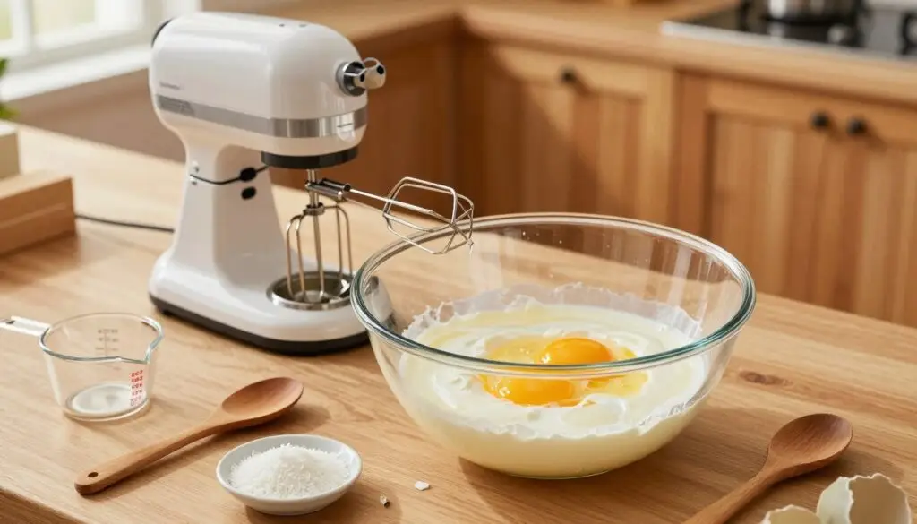 A beautifully arranged kitchen counter featuring a large glass mixing bowl filled with freshly separated egg whites, glistening and ready for whipping. A sleek electric mixer stands nearby, with the whisk attachment poised above the bowl. Scattered around are essential baking tools: a measuring cup, a wooden spoon, and a small dish of coconut flakes, highlighting the ingredients for kokosanki. The background showcases warm wooden cabinetry and a soft, ambient light pouring in from a window, creating a cozy, inviting atmosphere. The camera angle captures the image from above, focusing on the vibrant textures and details, eliciting a sense of anticipation and creativity in the baking process. A beautifully arranged kitchen counter featuring a large glass mixing bowl filled with freshly separated egg whites, glistening and ready for whipping. A sleek electric mixer stands nearby, with the whisk attachment poised above the bowl. Scattered around are essential baking tools: a measuring cup, a wooden spoon, and a small dish of coconut flakes, highlighting the ingredients for kokosanki. The background showcases warm wooden cabinetry and a soft, ambient light pouring in from a window, creating a cozy, inviting atmosphere. The camera angle captures the image from above, focusing on the vibrant textures and details, eliciting a sense of anticipation and creativity in the baking process.