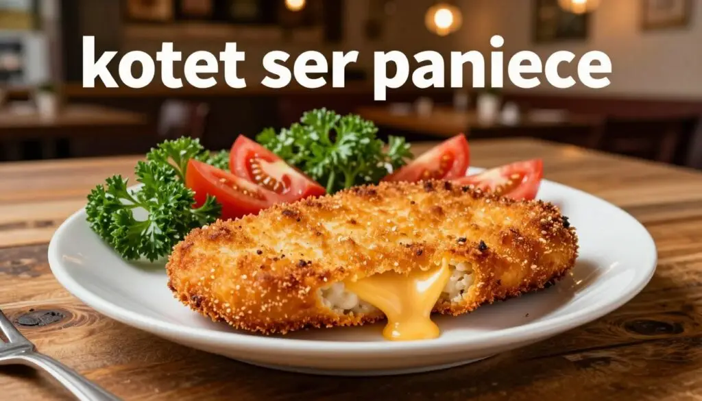 A beautifully arranged plate of "kotlet ser panierce," showcasing a golden, crispy cheese cutlet as the focal point in the foreground. The cutlet is generously breaded, revealing a gooey cheese interior that oozes slightly from one side. Surrounding the cutlet, fresh garnishes include vibrant green parsley and slices of ripe tomatoes, adding pops of color. In the middle ground, a rustic wooden table provides a warm ambiance, while a soft-focus background hints at a cozy restaurant setting with dim, ambient lighting from hanging light fixtures. The overall mood is inviting and comforting, perfect for a food article. Capture this scene with a slightly overhead angle, emphasizing the texture of the cutlet and the vibrant colors of the garnishes. A beautifully arranged plate of "kotlet ser panierce," showcasing a golden, crispy cheese cutlet as the focal point in the foreground. The cutlet is generously breaded, revealing a gooey cheese interior that oozes slightly from one side. Surrounding the cutlet, fresh garnishes include vibrant green parsley and slices of ripe tomatoes, adding pops of color. In the middle ground, a rustic wooden table provides a warm ambiance, while a soft-focus background hints at a cozy restaurant setting with dim, ambient lighting from hanging light fixtures. The overall mood is inviting and comforting, perfect for a food article. Capture this scene with a slightly overhead angle, emphasizing the texture of the cutlet and the vibrant colors of the garnishes.