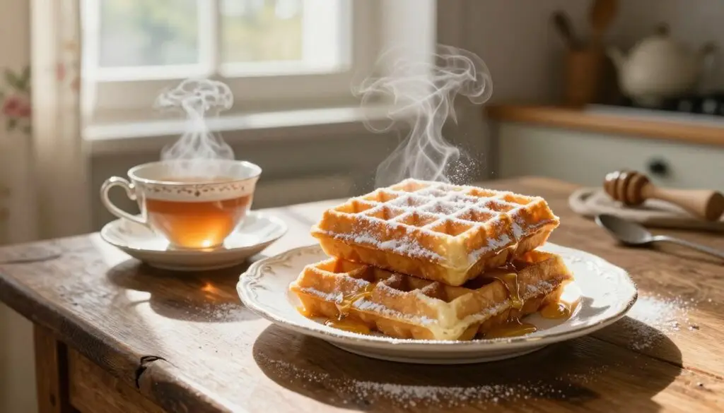 A beautifully arranged plate of vintage-style waffles dusted with powdered milk, inspired by Sister Anastazja's recipe. The waffles are golden and crisp, stacked elegantly with a light dusting of powdered milk on top, complemented by a delicate drizzle of honey. In the foreground, a rustic wooden table adds warmth, while a vintage teacup filled with steaming tea sits beside the plate. In the middle, ethereal morning light streams through a nearby window, casting soft shadows and illuminating the waffles. In the background, a cozy kitchen setting adorned with traditional baking tools and soft floral curtains enhances the inviting atmosphere. The overall mood is nostalgic and heartwarming, evoking the simple joys of home-cooked food.