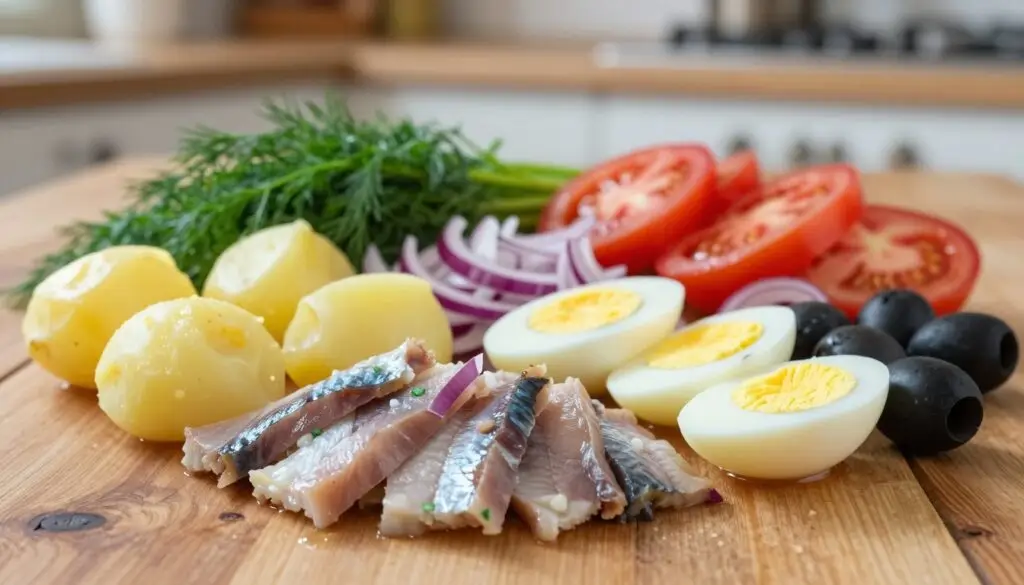 A beautifully arranged selection of ingredients for a traditional herring salad with potatoes, displayed on a rustic wooden table. In the foreground, vibrant slices of pickled herring glisten, accompanied by boiled, diced potatoes, bright yellow eggs, and finely chopped red onions. The middle ground features fresh, green dill and slices of juicy tomatoes, while a few scattered black olives add contrast. The background is softly blurred, hinting at a cozy kitchen environment with warm, natural lighting illuminating the scene. Use a shallow depth of field to focus on the ingredients, creating a homey and inviting atmosphere that evokes the heart of Polish culinary tradition. A beautifully arranged selection of ingredients for a traditional herring salad with potatoes, displayed on a rustic wooden table. In the foreground, vibrant slices of pickled herring glisten, accompanied by boiled, diced potatoes, bright yellow eggs, and finely chopped red onions. The middle ground features fresh, green dill and slices of juicy tomatoes, while a few scattered black olives add contrast. The background is softly blurred, hinting at a cozy kitchen environment with warm, natural lighting illuminating the scene. Use a shallow depth of field to focus on the ingredients, creating a homey and inviting atmosphere that evokes the heart of Polish culinary tradition.