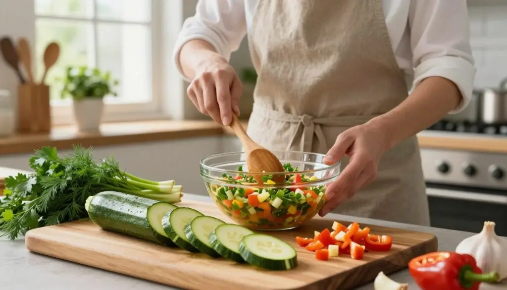 A bright and inviting kitchen scene showcasing the step-by-step preparation of zucchini salad for winter. In the foreground, a wooden cutting board is piled with freshly sliced zucchini, vibrant green and glossy, alongside colorful diced peppers, garlic cloves, and herbs like dill and parsley. A glass bowl filled with a zesty dressing glimmers nearby. In the middle, a chef in a modest apron meticulously mixes ingredients with a wooden spoon in the bowl, radiating warmth and care. The background features soft, natural light streaming through a window, illuminating the kitchen's rustic decor with potted herbs and cooking utensils. The overall atmosphere is cozy, encouraging, and festive, evoking the joy of preparing homemade preserves.