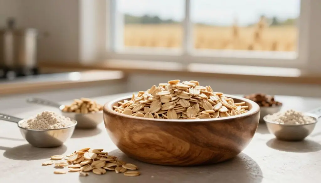 A close-up arrangement of oat flakes in a rustic wooden bowl, surrounded by measuring spoons filled with nutritional elements like protein powder, fiber, and healthy fats. In the foreground, a small stack of fresh oats is placed next to the bowl, highlighting their texture. The middle ground features a softly lit kitchen environment, with sunlight streaming in through a window, creating warm shadows and an inviting atmosphere. In the background, a blurred out natural setting with an oatmeal field can be seen, emphasizing the wholesome origins of the oats. The mood is calm and nutritious, evoking a sense of healthy living and dietary wellness. Soft focus, shallow depth of field.
