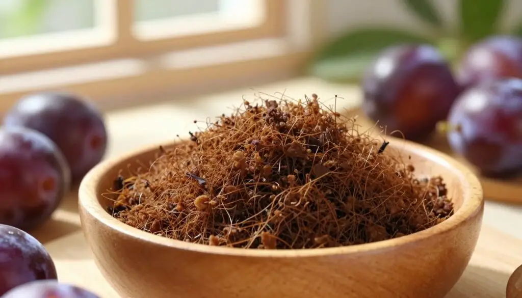 A close-up image of plum fiber, focusing on its granular texture and rich brown color, showcased in a wooden bowl with plump, ripe purple plums scattered around. The foreground features the bowl prominently, emphasizing the fiber's details. In the background, a soft-focus kitchen setting with natural light filtering in through a nearby window, casting warm shadows and highlighting the fresh fruits, creating a cozy, health-oriented atmosphere. Add hints of green foliage or herbs faintly visible in the background to symbolize natural health. The overall mood should be inviting and educational, capturing the essence of wholesome nutrition and digestive wellness. Bright daylight, shot from a slightly elevated angle to capture both the bowl and its surroundings beautifully. A close-up image of plum fiber, focusing on its granular texture and rich brown color, showcased in a wooden bowl with plump, ripe purple plums scattered around. The foreground features the bowl prominently, emphasizing the fiber's details. In the background, a soft-focus kitchen setting with natural light filtering in through a nearby window, casting warm shadows and highlighting the fresh fruits, creating a cozy, health-oriented atmosphere. Add hints of green foliage or herbs faintly visible in the background to symbolize natural health. The overall mood should be inviting and educational, capturing the essence of wholesome nutrition and digestive wellness. Bright daylight, shot from a slightly elevated angle to capture both the bowl and its surroundings beautifully.