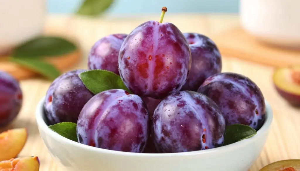 A close-up of a colorful bowl filled with fresh plums, showcasing their smooth, vibrant purple skin and juicy texture. Surround the bowl with natural elements, such as green leaves and small slices of plums to highlight their freshness. In the background, softly blurred, display a wooden table with a subtle kitchen setting, evoking a warm, inviting atmosphere. The lighting should be soft and natural, reminiscent of sunlight streaming through a window, casting gentle shadows that enhance the textures. The focus is on the plums and their relationship to blood sugar levels, capturing a sense of health and nutrition in the composition. A close-up of a colorful bowl filled with fresh plums, showcasing their smooth, vibrant purple skin and juicy texture. Surround the bowl with natural elements, such as green leaves and small slices of plums to highlight their freshness. In the background, softly blurred, display a wooden table with a subtle kitchen setting, evoking a warm, inviting atmosphere. The lighting should be soft and natural, reminiscent of sunlight streaming through a window, casting gentle shadows that enhance the textures. The focus is on the plums and their relationship to blood sugar levels, capturing a sense of health and nutrition in the composition.