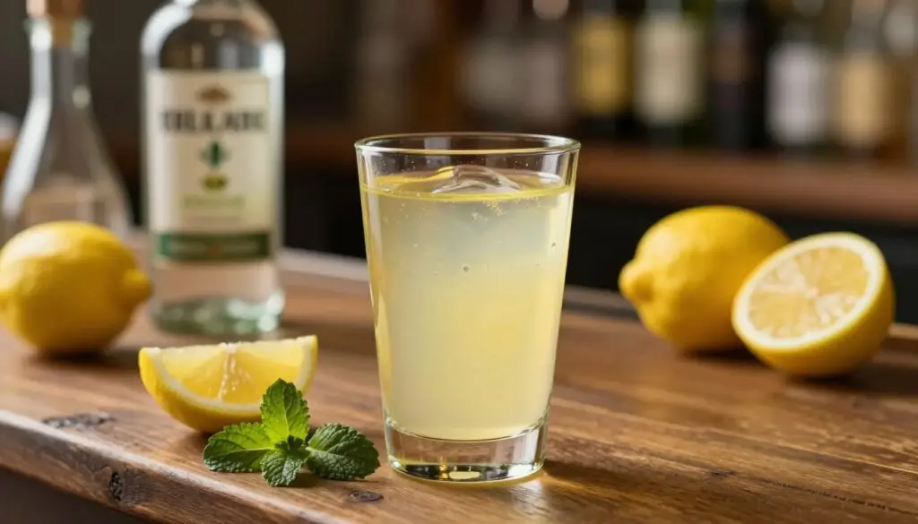 A close-up of a glass of lemon-flavored vodka, elegantly positioned on a rustic wooden bar counter. The glass is filled with a light yellow liquid, reflecting soft golden highlights from a subtle overhead light source, creating a warm atmosphere. In the foreground, include fresh lemon slices and a sprig of mint, adding a vibrant touch to the scene. In the middle background, softly blurred bottles of vodka and additional citrus fruits create an inviting ambiance. The overall mood is refreshing and lively, evoking the flavors and nutritional aspects of lemon vodka. Use a shallow depth of field to emphasize the glass while maintaining a cozy and inviting environment. Ensure the composition conveys clarity and richness without any text or distractions.