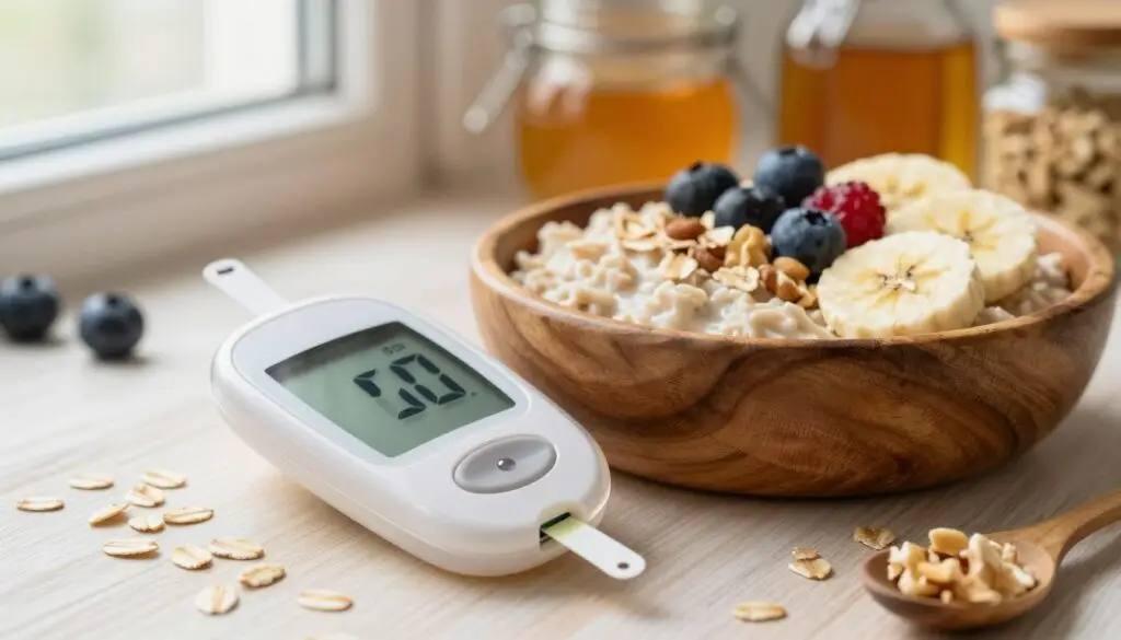 A close-up view of a transparent blood glucose monitoring device, surrounded by healthy oatmeal ingredients. In the foreground, a sleek diabetes glucose meter displays a reading, with a single drop of blood on a test strip. The middle ground features a rustic wooden bowl filled with cooked oatmeal topped with fresh berries, banana slices, and a sprinkle of nuts. Light shines softly from an overhead window, creating a warm, inviting atmosphere. In the background, blurred jars of honey and seeds are arranged, giving context to a healthy lifestyle. The scene conveys a sense of balance and health, emphasizing the concept of stabilizing blood glucose and cholesterol. The overall mood is calm and informative, with a focus on nutrition.