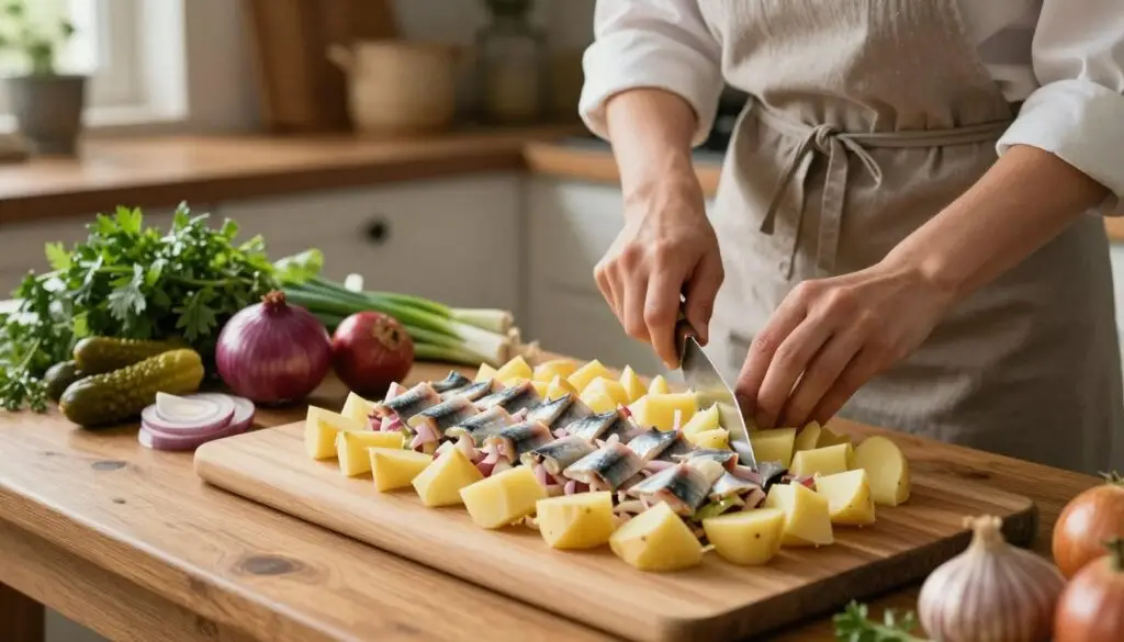 A cozy kitchen scene capturing the meticulous preparation of a traditional potato herring salad, inspired by the style of Magda Gessler. In the foreground, a wooden table is adorned with neatly chopped potatoes and herring arranged in vibrant layers. A female chef in a stylish, modest outfit is diligently slicing ingredients, concentrating on her task. The middle ground features a colorful array of fresh ingredients like onions, pickles, and herbs, all set against a backdrop of rustic kitchenware. Soft, warm lighting floods the scene, creating an inviting atmosphere filled with the aroma of home-cooked cuisine. The image is shot at a slightly elevated angle, emphasizing the chef's hands at work and the beautiful presentation of the dish, making the viewer feel as if they are part of the cooking process. A cozy kitchen scene capturing the meticulous preparation of a traditional potato herring salad, inspired by the style of Magda Gessler. In the foreground, a wooden table is adorned with neatly chopped potatoes and herring arranged in vibrant layers. A female chef in a stylish, modest outfit is diligently slicing ingredients, concentrating on her task. The middle ground features a colorful array of fresh ingredients like onions, pickles, and herbs, all set against a backdrop of rustic kitchenware. Soft, warm lighting floods the scene, creating an inviting atmosphere filled with the aroma of home-cooked cuisine. The image is shot at a slightly elevated angle, emphasizing the chef's hands at work and the beautiful presentation of the dish, making the viewer feel as if they are part of the cooking process.