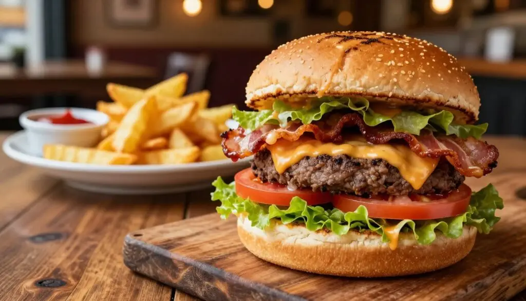 A juicy Burger Drwala, perfectly grilled, placed on a rustic wooden table. The burger is densely stacked with layers of crispy bacon, fresh lettuce, ripe tomato slices, and melted cheese oozing from the sides. In the foreground, there's a close-up view of the burger with vibrant colors and textures that make it appetizing. In the middle ground, a plate of golden, crispy fries accompanies the burger, with a small dish of ketchup. The background features a cozy restaurant setting with warm, ambient lighting that creates an inviting atmosphere. The scene is shot from a slightly elevated angle to emphasize the burger's generous toppings and textures, evoking a sense of indulgence and satisfaction. The overall mood is cheerful and appetizing, perfect for food lovers. A juicy Burger Drwala, perfectly grilled, placed on a rustic wooden table. The burger is densely stacked with layers of crispy bacon, fresh lettuce, ripe tomato slices, and melted cheese oozing from the sides. In the foreground, there's a close-up view of the burger with vibrant colors and textures that make it appetizing. In the middle ground, a plate of golden, crispy fries accompanies the burger, with a small dish of ketchup. The background features a cozy restaurant setting with warm, ambient lighting that creates an inviting atmosphere. The scene is shot from a slightly elevated angle to emphasize the burger's generous toppings and textures, evoking a sense of indulgence and satisfaction. The overall mood is cheerful and appetizing, perfect for food lovers.
