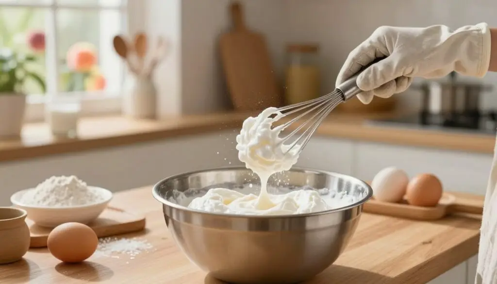 A kitchen scene focused on the process of whipping egg whites into peaks for a cake. In the foreground, a shiny stainless steel mixing bowl holds frothy, whipped egg whites, glistening under soft, warm kitchen lighting. A hand, clad in a modest cotton kitchen glove, is using a whisk to create a fluffy texture, with droplets of egg whites captured in mid-motion. In the middle, a wooden kitchen counter holds various baking ingredients like flour, sugar, and eggs, arranged neatly. The background features soft-focus shelves filled with baking tools and a vibrant peach tree outside the window, suggesting fresh ingredients. The overall atmosphere is warm, inviting, and homely, evoking a sense of delicious anticipation for baking. Use a shallow depth of field to emphasize the foreground action while softly blurring the background.