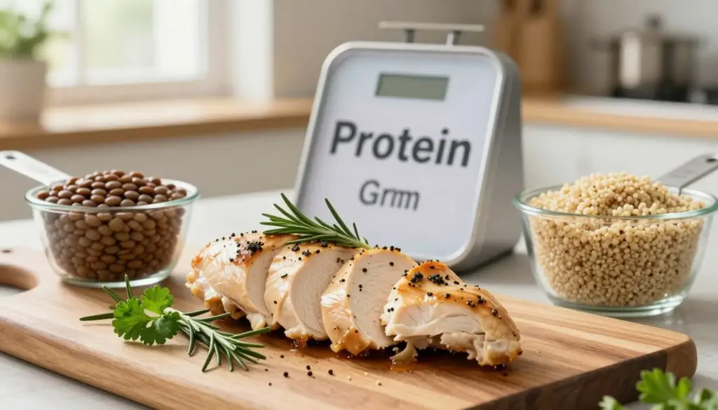 A nutritious plate showcasing cooked chicken breast, sliced and presented artistically on a wooden cutting board. The foreground features the chicken garnished with fresh herbs like rosemary and parsley, with a measuring cup filled with lentils and another filled with cooked quinoa nearby, illustrating protein-rich food sources. In the middle, a scale displaying grams of protein beside the chicken highlights the importance of protein content. The background includes a softly blurred kitchen setting with natural light streaming in through a window, creating a warm and inviting atmosphere. The scene evokes a sense of healthy eating and meal preparation, emphasizing the protein-rich diet.
