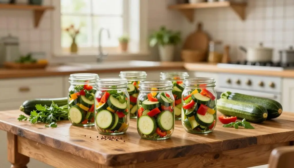 A rustic wooden table set in a warm, inviting kitchen ambiance, with vibrant jars of zucchini salad neatly arranged in the foreground. The jars are filled with thinly sliced zucchinis, colorful bell peppers, and spices, showcasing a rich blend of greens and reds, glistening under soft, natural lighting. In the middle ground, there are fresh ingredients, like whole zucchinis and freshly chopped herbs, adding a farm-fresh feel. In the background, a softly blurred kitchen setting with shelves lined with kitchenware and a window allowing gentle sunlight to filter through, enhancing the cozy atmosphere. Capture a sense of home-cooked charm and a hint of nostalgia, as if preparing for winter preservation. Ensure the image is bright and airy, evoking warmth and comfort.