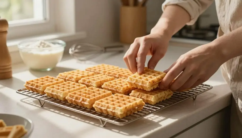 A serene kitchen scene featuring freshly made, perfectly square wafers being cooled on a wooden cooling rack. In the foreground, emphasize the stacked wafers, glistening slightly as they cool. Arrange neatly sliced portions of the wafers, displaying their golden-brown color and crisp texture. In the middle ground, depict a gentle, warm light filtering through a nearby window, casting soft shadows across the kitchen countertop. Include a pair of hands in modest casual attire, carefully pressing down on the wafers with a spatula to ensure they hold their shape. In the background, showcase a few baking essentials, like a bowl of powdered milk and a whisk, set against a cozy, inviting kitchen ambiance. The overall mood should evoke a sense of warmth and homeliness, perfect for a comforting baking experience.