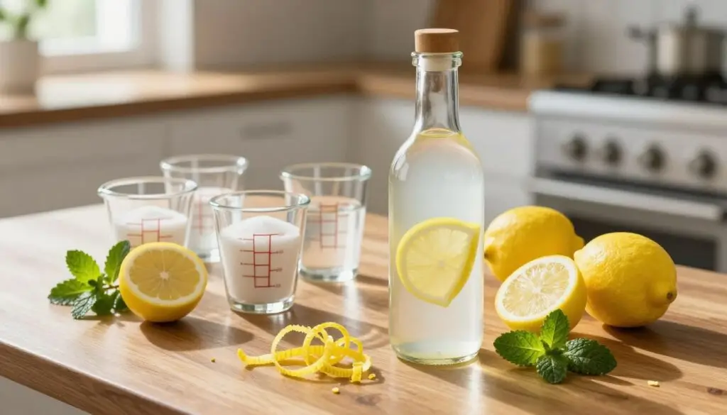 A vibrant and colorful arrangement of ingredients for lemon vodka on a polished wooden table. In the foreground, a clear glass bottle of lemon vodka sits elegantly, surrounded by fresh lemons, zest strips, and sprigs of mint. In the middle ground, neatly organized measuring cups filled with sugar and water represent the mixing process. The background features a soft-focus kitchen setting with natural light streaming through a window, casting gentle shadows. The overall mood is fresh, bright, and inviting, reflecting the essence of a refreshing beverage ideal for a lighter diet. The shot is taken from a slightly elevated angle to showcase the arrangement beautifully, creating an appetizing and informative visual.