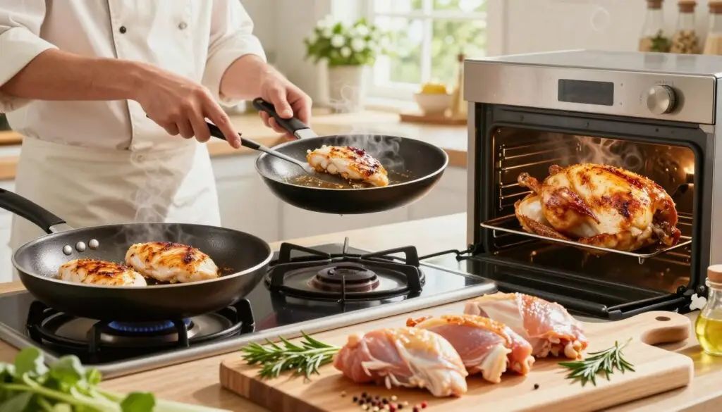 A vibrant kitchen scene depicting three distinct cooking methods for chicken: a pan frying on a stovetop with sizzling chicken breasts, a roasting chicken in a gleaming oven, and a pot of boiling water steaming on another burner. In the foreground, focus on a wooden cutting board with fresh herbs and spices artfully arranged beside pieces of raw chicken. The middle layer shows a chef in modest casual clothing, expertly flipping chicken in the frying pan with a spatula, while the background reveals a sunlit kitchen with vibrant greenery visible through a window. Use natural lighting to create a warm and inviting atmosphere, highlighting the golden-brown crust of the frying chicken, the tender juiciness of the roasted bird, and the freshness of the boiled chicken.