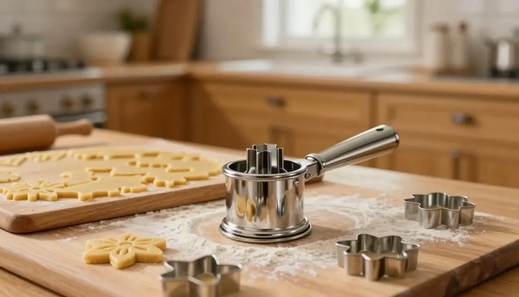 A vintage cookie press, elegantly crafted from shiny stainless steel, prominently displayed in the foreground, glistening under soft, warm kitchen lighting. The cookie press is accompanied by an assortment of beautifully intricate cookie shapes ready for forming, showcasing delicate floral and geometric designs. In the middle ground, a wooden cutting board is lightly dusted with flour, and blobs of cookie dough are artistically arranged, hinting at the process of shaping them. In the softly blurred background, a cozy kitchen setting with warm-toned cabinetry and natural light filtering through a window adds to the inviting atmosphere. The overall mood is warm and inviting, emphasizing the joy of baking, with the focus on the cookie press as the centerpiece of this delicious creation.