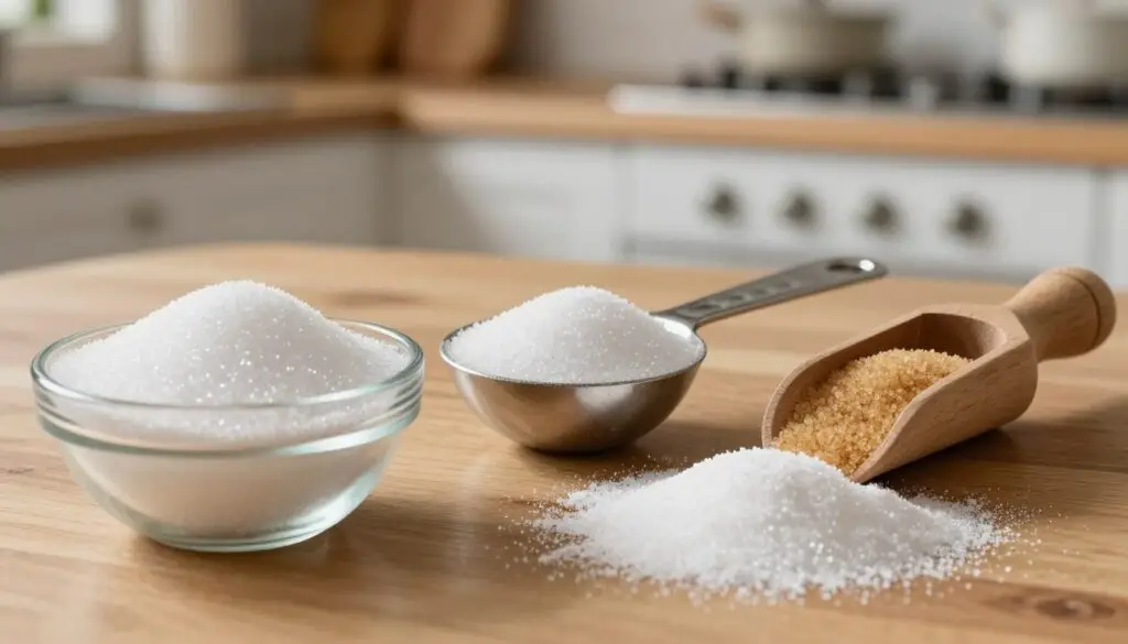A visually striking arrangement of various types of sugar displayed on a wooden kitchen table. In the foreground, showcase white granulated sugar in a delicate glass bowl, brown sugar in a rustic wooden scoop, and powdered sugar dusted over a small plate. In the middle ground, a measuring spoon filled with raw sugar glistens under soft, natural light, highlighting its texture. The background features a blurred out view of a cozy kitchen with warm lighting and subtle hints of baking ingredients, evoking a homey atmosphere. The depth of field draws attention to the sugars while maintaining a warm, inviting mood, perfect for illustrating the differences in caloric content.