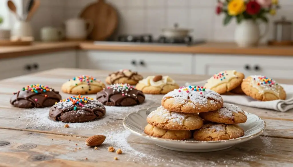 Delicious "kruche ciasteczka" arranged elegantly on a rustic wooden table, showcasing a variety of flavors like chocolate, vanilla, and almond. The cookies are beautifully decorated with a light dusting of powdered sugar and colorful sprinkles. In the foreground, a delicate porcelain plate holds a stack of golden-brown cookies, with a few crumbs scattered artfully around for visual appeal. The middle ground features a cozy kitchen setting with warm, soft lighting, emphasizing the comforting atmosphere of baking. In the background, a blurred view of vintage kitchen utensils and vibrant floral arrangements adds a touch of homeliness. The overall mood is warm and inviting, perfect for showcasing delightful treats for any occasion.