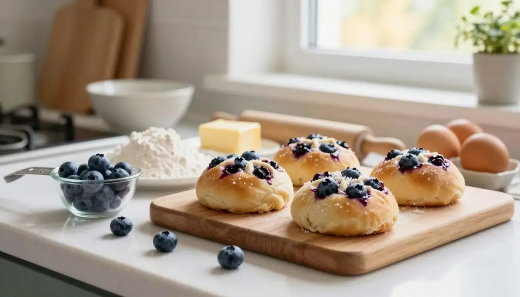 A beautifully arranged kitchen countertop showcasing the ingredients for making jagodzianki, a traditional Polish blueberry bun. In the foreground, highlight fresh blueberries, flour, sugar, butter, and eggs artfully placed on a wooden cutting board, with a measuring cup and spoon nearby. In the middle ground, a rolling pin and a bowl are partially visible, suggesting preparation. In the background, a softly lit kitchen with subtle details like a window revealing a sunny day and herbal plants, creates a warm, inviting atmosphere. Use soft, natural lighting to enhance the freshness of the ingredients, captured with a shallow depth of field for a cozy, homely feel. The angle should be slightly above eye level, making it engaging and immersive.