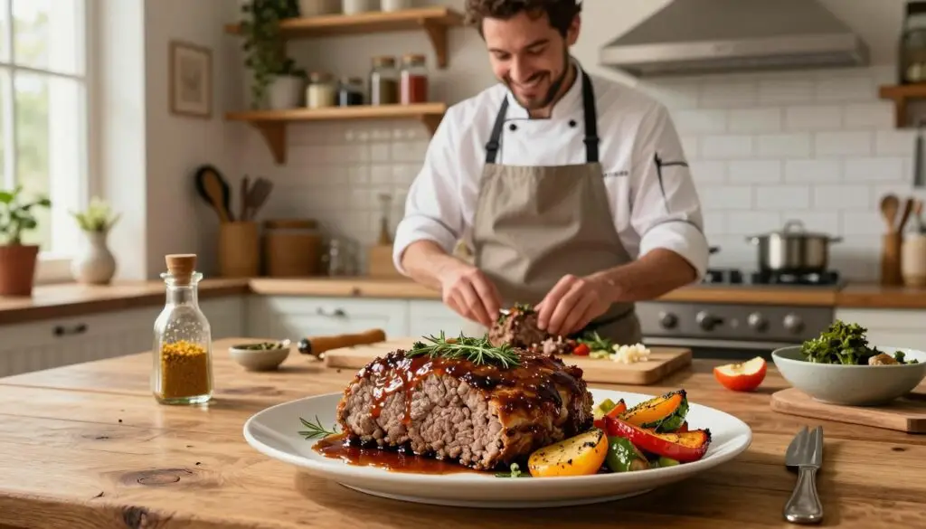 A beautifully arranged kitchen scene featuring "Pieczeń Rzymska" (Roman meatloaf) as the centerpiece, artfully plated on a rustic wooden table. In the foreground, a freshly baked meatloaf garnished with herbs and a rich glaze, accompanied by vibrant roasted vegetables. In the middle ground, a cheerful chef wearing a modest apron and professional attire, skillfully preparing the next batch of ingredients with a focused expression. The background shows shelves lined with spices, utensils, and cookbooks, creating an inviting and homely atmosphere. Soft, warm lighting from a nearby window bathes the scene, enhancing the colors and textures of the food. The mood is cozy and inviting, perfect for a step-by-step cooking guide.
