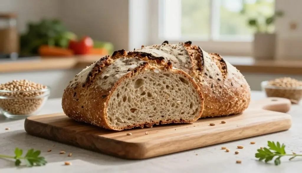 A beautifully arranged loaf of whole grain bread, showcasing its rustic texture and earthy tones, sits prominently in the foreground. The bread is sliced to reveal its dense, nutty interior filled with grains and seeds. Surrounding the loaf are scattered grains and a few fresh herbs, adding a touch of color and organic appeal. In the middle ground, a wooden cutting board adds warmth, while a soft, natural light filters in from a large window, creating gentle shadows that highlight the loaf's inviting features. In the background, a cozy kitchen setting is subtly blurred, featuring fresh vegetables and bowls of grains, evoking a healthy, wholesome atmosphere. The overall mood is warm and inviting, emphasizing the wholesome nature of whole grain bread as a healthy choice.