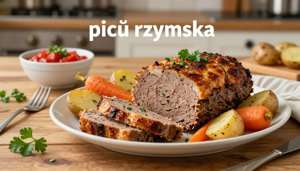 A beautifully arranged platter featuring "pieczeń rzymska" in the foreground, showcasing the meatloaf's rich, golden-brown crust and tender, juicy slices garnished with fresh herbs. Surrounding the meatloaf are vibrant sides, such as roasted vegetables like carrots and potatoes, alongside a bowl of tangy tomato sauce for dipping. The middle of the image captures a rustic wooden table setting, adorned with elegant cutlery and a few sprigs of parsley for decoration. In the background, a softly lit kitchen environment can be seen, evoking a warm, inviting atmosphere with hints of home cooking. The lighting is warm and natural, highlighting the textures of the food, captured with a slight depth of field to create a focus on the dish while softly blurring the background. The overall mood is cozy and inviting, perfect for showcasing this traditional dish.