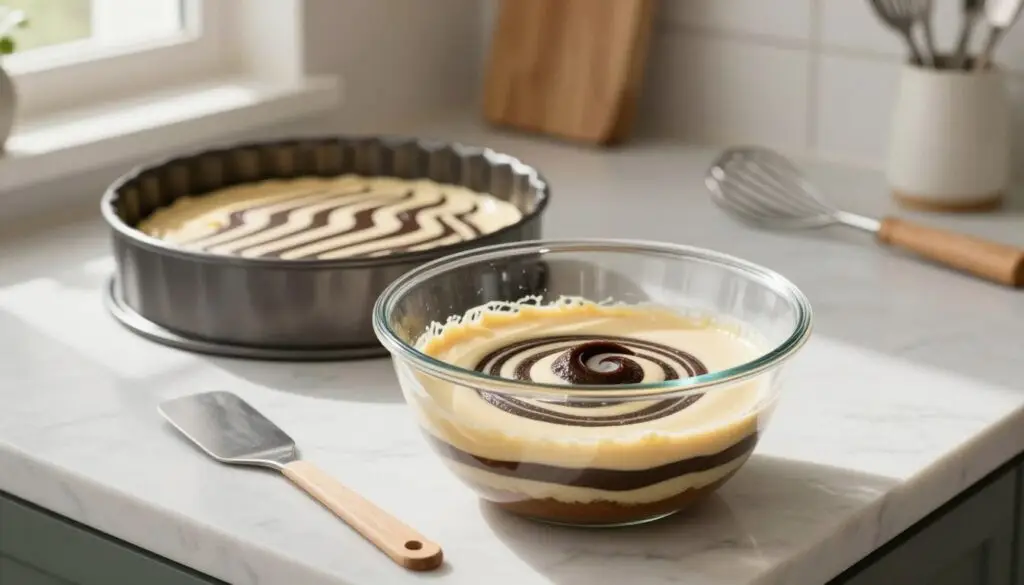 A beautifully arranged scene illustrating the "technika pasków formy" for making zebra cake. In the foreground, a clear glass mixing bowl contains alternating layers of light and dark cake batters, artistically swirled. Beside it, a spatula rests on a marble countertop, emphasizing the preparation process. In the middle background, a round cake pan is poised, showcasing the striped batter inside, hinting at the magic of the zebra cake. The setting is warmly lit, capturing the inviting atmosphere of a cozy kitchen. Soft, natural daylight streams in through a nearby window, creating gentle shadows. Delicate baking utensils and ingredients are subtly displayed in the background, enhancing the baking theme without distraction. This image emanates a sense of creativity and homey warmth, perfect for illustrating the technique of creating the ideal zebra pattern in the cake. A beautifully arranged scene illustrating the "technika pasków formy" for making zebra cake. In the foreground, a clear glass mixing bowl contains alternating layers of light and dark cake batters, artistically swirled. Beside it, a spatula rests on a marble countertop, emphasizing the preparation process. In the middle background, a round cake pan is poised, showcasing the striped batter inside, hinting at the magic of the zebra cake. The setting is warmly lit, capturing the inviting atmosphere of a cozy kitchen. Soft, natural daylight streams in through a nearby window, creating gentle shadows. Delicate baking utensils and ingredients are subtly displayed in the background, enhancing the baking theme without distraction. This image emanates a sense of creativity and homey warmth, perfect for illustrating the technique of creating the ideal zebra pattern in the cake.