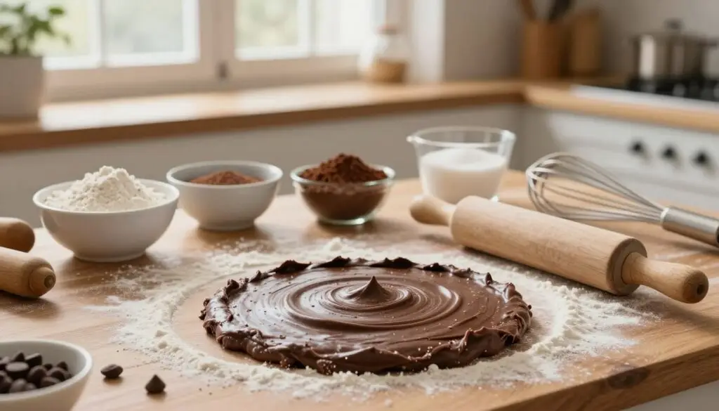 A beautifully arranged workspace showcasing the process of making chocolate shortcrust pastry. In the foreground, a smooth, dark chocolate dough is placed on a floured wooden surface, with a rolling pin beside it. In the middle, there are bowls of flour, cocoa powder, and sugar, some measuring cups, and a whisk, emphasizing the baking preparation phase. A few chocolate chips are scattered around. In the background, soft, warm light filters through a kitchen window, illuminating a serene kitchen setting filled with rustic baking tools and a hint of fresh ingredients. The atmosphere is cozy and inviting, evoking a sense of homemade comfort, perfect for baking. A beautifully arranged workspace showcasing the process of making chocolate shortcrust pastry. In the foreground, a smooth, dark chocolate dough is placed on a floured wooden surface, with a rolling pin beside it. In the middle, there are bowls of flour, cocoa powder, and sugar, some measuring cups, and a whisk, emphasizing the baking preparation phase. A few chocolate chips are scattered around. In the background, soft, warm light filters through a kitchen window, illuminating a serene kitchen setting filled with rustic baking tools and a hint of fresh ingredients. The atmosphere is cozy and inviting, evoking a sense of homemade comfort, perfect for baking.