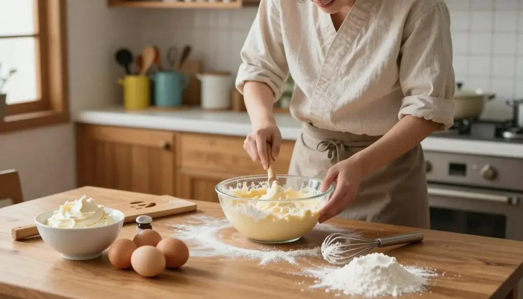 A cozy kitchen scene depicting the preparation of a traditional Japanese cake (Japanese cheesecake) such as "Placek Japoński." In the foreground, a wooden table is adorned with ingredients: a bowl of fluffy cream cheese, fresh eggs, flour, sugar, and a whisk, all ready for action. To the side, there's a mixing bowl with a fluffy batter, accented with a scattering of flour. In the middle ground, a chef in modest casual attire is carefully folding the batter, with a focused yet joyful expression. The background features warm wooden cabinets filled with colorful baking tools. Soft, natural lighting streams in from a window, creating a warm, inviting atmosphere, enhancing the homey feel of the cooking process.