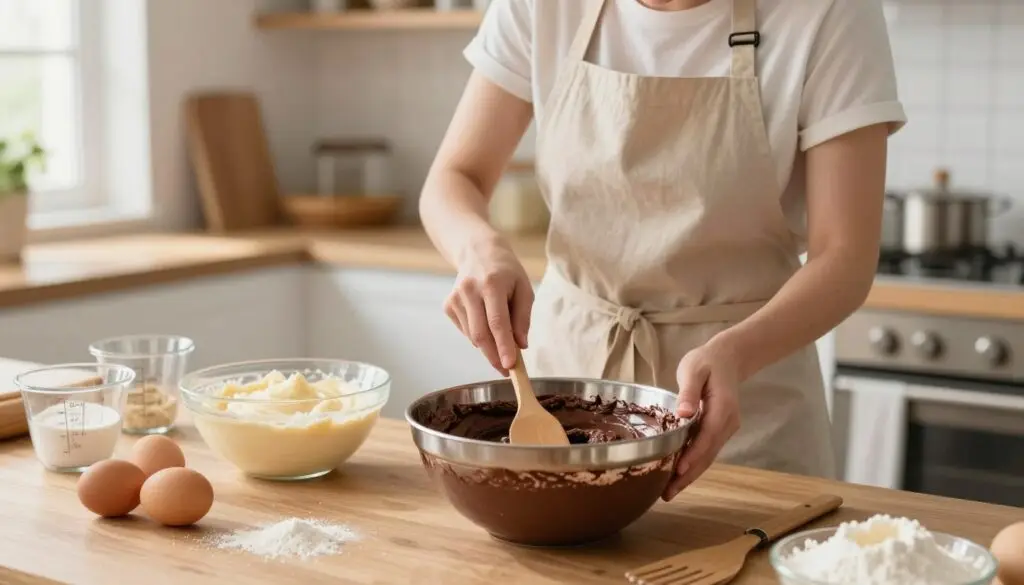 A cozy kitchen scene showcasing the preparation of zebra cake batter. In the foreground, a mixing bowl filled with a rich chocolate batter and a separate bowl of vanilla batter sits on a wooden countertop, surrounded by fresh eggs, flour, and measuring cups. A whisk and a spatula rest nearby. The image highlights the contrasting colors and textures of the batters. In the middle ground, a chef wearing a modest apron is gently folding the batters together, with a bright smile, adding a sense of warmth and joy to the process. The background features shelves filled with baking supplies, soft natural light streaming in from a window, creating an inviting atmosphere, perfect for home baking. The focus is sharp on the preparation, with a shallow depth of field adding softness to the background. A cozy kitchen scene showcasing the preparation of zebra cake batter. In the foreground, a mixing bowl filled with a rich chocolate batter and a separate bowl of vanilla batter sits on a wooden countertop, surrounded by fresh eggs, flour, and measuring cups. A whisk and a spatula rest nearby. The image highlights the contrasting colors and textures of the batters. In the middle ground, a chef wearing a modest apron is gently folding the batters together, with a bright smile, adding a sense of warmth and joy to the process. The background features shelves filled with baking supplies, soft natural light streaming in from a window, creating an inviting atmosphere, perfect for home baking. The focus is sharp on the preparation, with a shallow depth of field adding softness to the background.