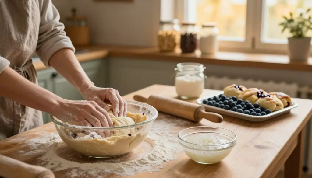 A cozy kitchen scene showcasing the process of making "rozczyn" and "ciasto" for blueberry buns. In the foreground, a wooden table covered with flour, a large mixing bowl filled with the dough, and a small bowl of active yeast bubbling. On the left, a pair of hands kneading the dough, with flour dusting the sleeves of a modestly clothed person. In the middle, a rolling pin and a tray of fresh blueberries waiting to be incorporated. The background features shelves lined with jars of ingredients and a warm, inviting window letting in golden afternoon sunlight. The atmosphere is rustic and homely, evoking the comforting process of baking, with a soft focus to highlight the warmth of the kitchen.