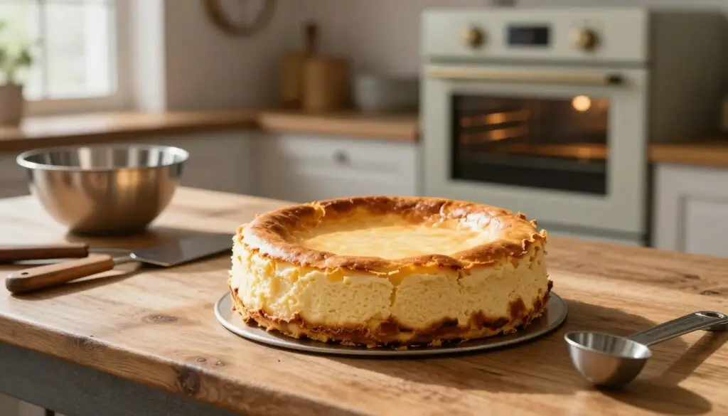 A freshly baked cheesecake, golden and slightly cracked on top, sits elegantly on a rustic wooden kitchen table. Surround it with baking tools including a mixing bowl, spatula, and measuring spoons, emphasizing the process of piecing it together. In the background, a vintage oven shows a soft glow, hinting at the warmth inside, while a clock on the wall indicates baking time. Natural light streams through a nearby window, casting gentle shadows, creating a cozy atmosphere. The scene should feel inviting and homely, with warm tones and a slight focus on the texture of the cheesecake, illustrating the care and love put into baking. A freshly baked cheesecake, golden and slightly cracked on top, sits elegantly on a rustic wooden kitchen table. Surround it with baking tools including a mixing bowl, spatula, and measuring spoons, emphasizing the process of piecing it together. In the background, a vintage oven shows a soft glow, hinting at the warmth inside, while a clock on the wall indicates baking time. Natural light streams through a nearby window, casting gentle shadows, creating a cozy atmosphere. The scene should feel inviting and homely, with warm tones and a slight focus on the texture of the cheesecake, illustrating the care and love put into baking.