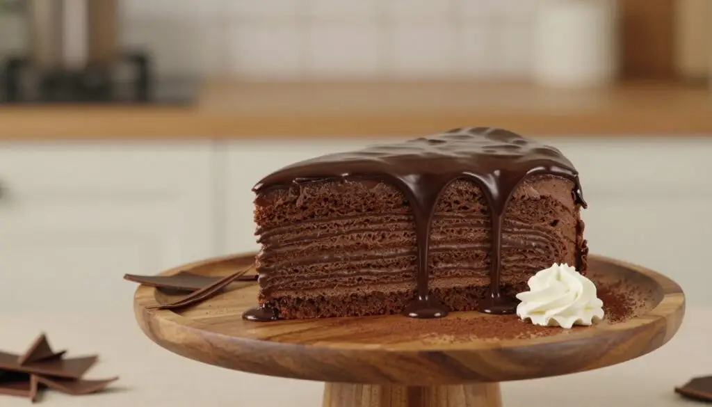 A rich, glossy chocolate ganache drizzling over a beautifully baked Japanese-style cake, showcasing its soft texture and inviting layers. In the foreground, the cake sits elegantly on a wooden cake stand, glossy chocolate pooling at the base where it meets a delicate, whipped cream decoration. In the middle ground, a subtle sprinkle of cocoa powder adds a touch of color while a few chocolate shavings are scattered artistically around. The background features a softly blurred kitchen setting, warm lighting highlighting the cake's sheen and inviting an atmosphere of indulgence. Use a shallow depth of field to emphasize the cake, capturing the smooth finish of the chocolate glaze, and evoke a sense of warmth and comfort.