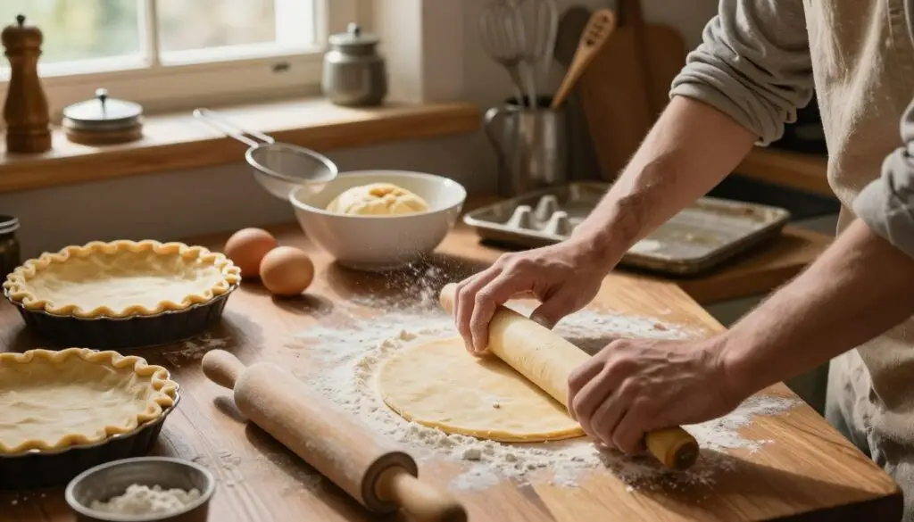 A rustic kitchen setting, featuring a wooden countertop bathed in warm, natural light filtering through a nearby window. In the foreground, hands in modest casual clothing are skillfully rolling out a buttery shortcrust pastry, with flour dust gently cascading down. A rolling pin and a classic pie dish are nearby, emphasizing the preparation of a delicate pastry base. In the middle, a bowl of dough sits alongside a sifter and a few eggs, all arranged artfully to convey a sense of organized chaos in baking. The background showcases vintage kitchen utensils and a baking tray with pie weights, adding to the rich, inviting atmosphere. The overall mood is warm and inviting, illustrating the process of creating a delicious crust for a traditional pastry.
