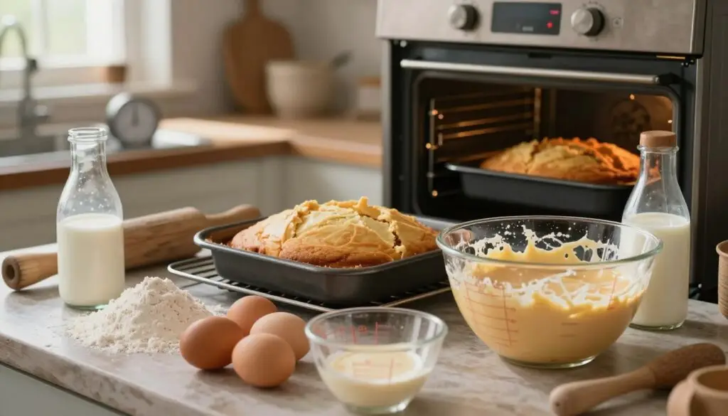 A rustic kitchen setting showcasing the common mistakes in baking a buttermilk cake. In the foreground, a countertop cluttered with ingredients like flour, eggs, and buttermilk, alongside overturned measuring cups and a mixing bowl with an unevenly mixed batter. The middle ground features a half-baked cake in an oven with uneven rising, while a timer shows a red alert, indicating cooking errors. In the background, soft natural light filters through a window, illuminating the warm ambiance of the kitchen. The overall mood conveys a sense of both chaos and learning, emphasizing the idea of trial and error in baking. The scene should be captured with a warm tone, using a slightly shallow depth of field to focus on the baking mistakes while keeping the kitchen environment subtly detailed. A rustic kitchen setting showcasing the common mistakes in baking a buttermilk cake. In the foreground, a countertop cluttered with ingredients like flour, eggs, and buttermilk, alongside overturned measuring cups and a mixing bowl with an unevenly mixed batter. The middle ground features a half-baked cake in an oven with uneven rising, while a timer shows a red alert, indicating cooking errors. In the background, soft natural light filters through a window, illuminating the warm ambiance of the kitchen. The overall mood conveys a sense of both chaos and learning, emphasizing the idea of trial and error in baking. The scene should be captured with a warm tone, using a slightly shallow depth of field to focus on the baking mistakes while keeping the kitchen environment subtly detailed.