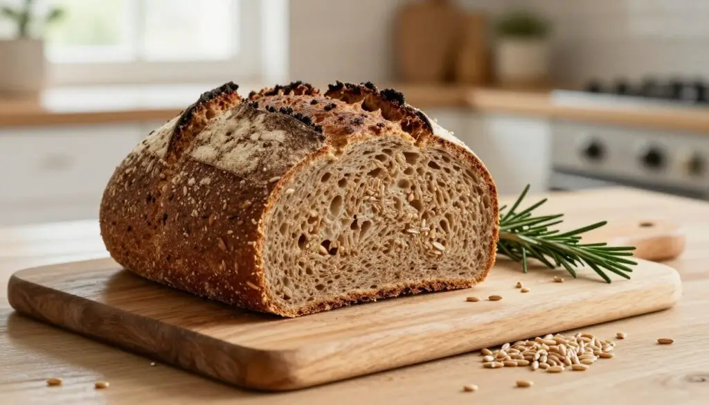 A rustic loaf of graham bread sits prominently in the foreground, its textured, brown crust showcasing a beautifully baked surface. The bread is sliced to reveal the soft, wholesome interior, showcasing its rich whole grain texture. Surrounding the loaf, a small scattering of whole grains adds an earthy touch, enhancing the visual appeal. In the middle, there's a wooden cutting board, enhancing the organic feel, and a sprig of fresh rosemary or thyme adds a pop of green. The background features a softly blurred kitchen environment, with warm natural light streaming in from a nearby window, creating a cozy and inviting atmosphere. The shot is taken from a slightly elevated angle, allowing for an enticing view of the bread and its surroundings, evoking a sense of wholesome comfort and nutritious choices.