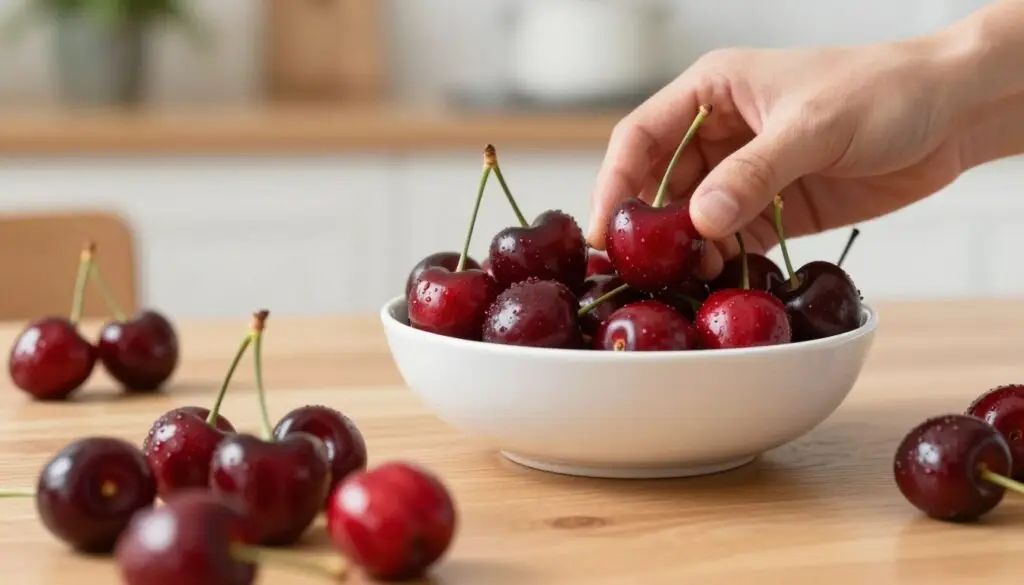 A vibrant and healthy scene depicting a bowl of cherries on a wooden dining table. In the foreground, focus on a close-up of the cherries, their deep red color glistening under soft, natural lighting, emphasizing their juiciness. In the middle, include a hand reaching toward the bowl, showcasing a fresh cherry being picked, symbolizing mindful eating. In the background, softly blurred kitchen elements hint at a homey atmosphere, possibly with green plants. The overall mood should evoke a sense of wellness and relaxation, promoting the enjoyment of cherries without digestive issues. Use a warm color palette to enhance the inviting feel of the image, captured with a shallow depth of field for a professional, polished look.