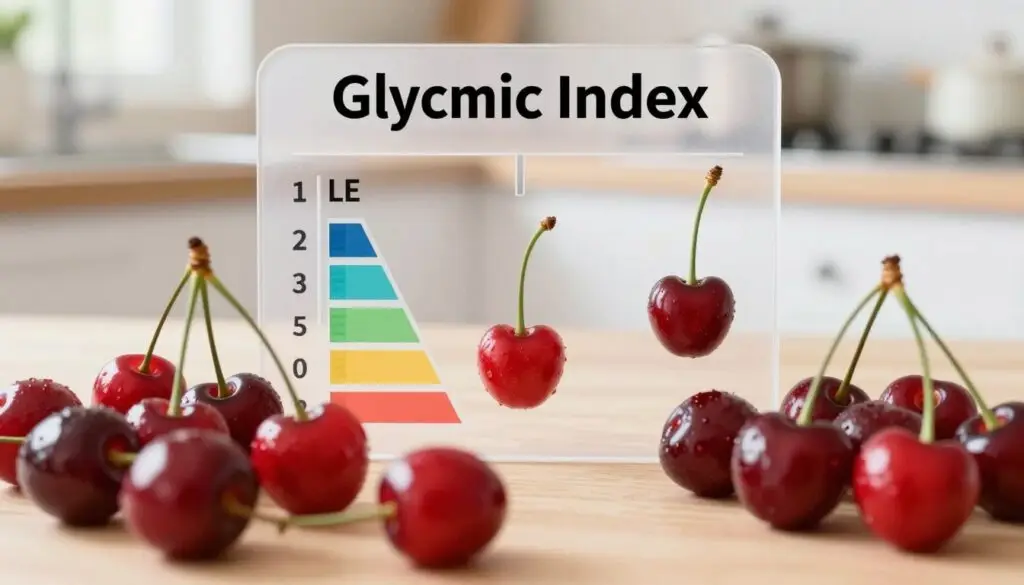 A visually striking representation of the glycemic index, featuring a colorful arrangement of cherries in the foreground, showcasing their rich red hue. In the middle, include a clear scale or chart showing different glycemic index values, with cherries placed strategically alongside to emphasize their level. The background should consist of a soft, blurred kitchen setting, bathed in warm natural light to evoke a healthy and inviting atmosphere. Use a shallow depth of field to draw attention to the cherries and the glycemic index chart, creating a harmonious balance. The overall mood should be educational yet engaging, highlighting the relationship between cherries and blood sugar levels.