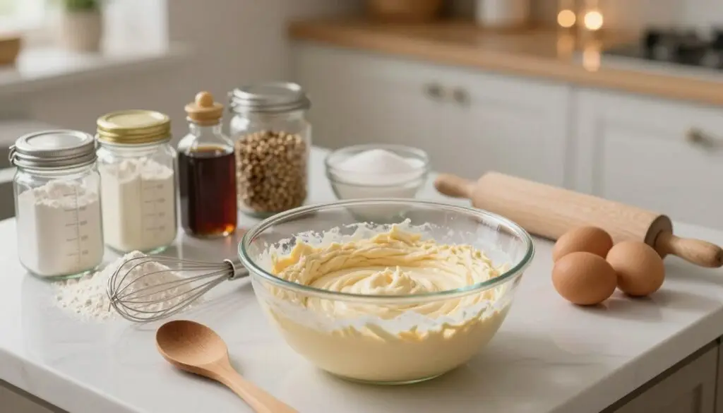 A well-organized kitchen countertop displaying the step-by-step preparation of a creamy cake batter. In the foreground, a large mixing bowl filled with a light, fluffy batter, surrounded by measured ingredients like flour, sugar, and eggs. A whisk and wooden spoon are artistically placed near the bowl. The middle ground features neatly arranged jars of baking powder and vanilla extract, alongside a rolling pin. In the background, a cozy kitchen scene with soft, warm lighting and subtle bokeh effect focuses attention on the preparation process. The atmosphere is inviting and homey, evoking a sense of culinary craftsmanship and comfort. The image captures the essence of baking with care, reflecting the joy of creating a delicious cake. A well-organized kitchen countertop displaying the step-by-step preparation of a creamy cake batter. In the foreground, a large mixing bowl filled with a light, fluffy batter, surrounded by measured ingredients like flour, sugar, and eggs. A whisk and wooden spoon are artistically placed near the bowl. The middle ground features neatly arranged jars of baking powder and vanilla extract, alongside a rolling pin. In the background, a cozy kitchen scene with soft, warm lighting and subtle bokeh effect focuses attention on the preparation process. The atmosphere is inviting and homey, evoking a sense of culinary craftsmanship and comfort. The image captures the essence of baking with care, reflecting the joy of creating a delicious cake.