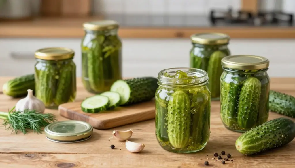 A beautiful arrangement of homemade cucumber preserves, showcasing vibrant green cucumbers packed in glass jars. In the foreground, display several jars with lids partially removed, revealing the fresh, crisp texture of the cucumbers inside. Surround the jars with ingredients like dill, garlic, and fresh spices artfully scattered on a rustic wooden surface. In the middle, include a cutting board with sliced cucumbers, adding a touch of freshness. The background should softly blur a kitchen countertop with hints of kitchen utensils and herbs, creating a warm, homely atmosphere. The lighting should be soft and natural, evoking a cozy, inviting feel. Capture the image from a slightly elevated angle to give an expansive view of the arrangement.