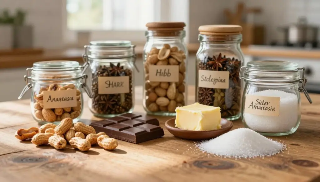 A beautifully arranged display of ingredients for a traditional Polish dish, inspired by Sister Anastasia's recipe. In the foreground, vibrant, fresh ingredients like golden roasted peanuts, rich dark chocolate, creamy butter, and granulated sugar are artfully placed on a rustic wooden table. The middle ground features glass jars filled with various spices and alternative ingredients, labeled and stylishly arranged for easy access. The background is softly blurred to suggest a cozy kitchen environment, with warm sunlight streaming through a window, casting gentle shadows across the table. The overall mood is inviting and warm, evoking a sense of comfort and culinary creativity, perfect for illustrating a flavorful cooking experience. Use a soft focus lens effect to enhance the warmth and richness of the colors.