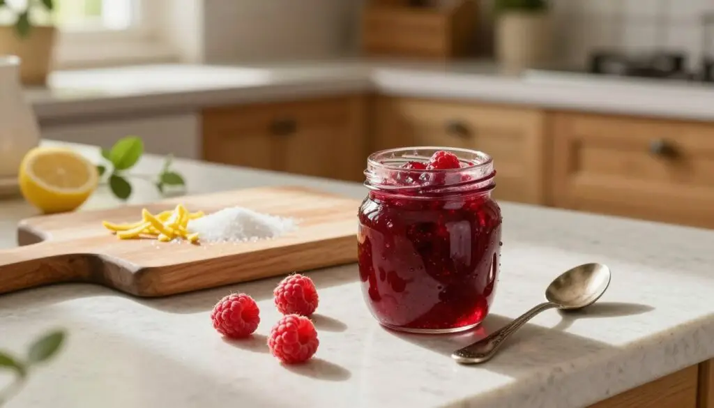 A beautifully arranged kitchen countertop featuring a jar of vibrant raspberry jam, inspired by the traditional recipes of Sister Anastasia. In the foreground, the jar, filled with rich, glistening ruby-red raspberry jam, sits next to fresh raspberries and a rustic spoon. The middle ground highlights a wooden cutting board with scattered ingredients including sugar and lemon zest, hinting at the preparation process. The background showcases a softly lit kitchen with warm wooden cabinets and delicate plants, creating a cozy and inviting atmosphere. The scene is bathed in natural sunlight, casting gentle shadows and enhancing the warmth of the space. The overall mood is nostalgic and homely, evoking a sense of cherished family recipes and culinary tradition.