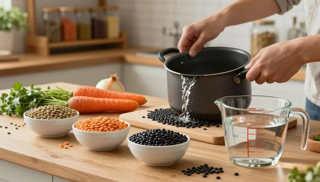 A beautifully arranged kitchen countertop focused on cooking lentils, showcasing various types of lentils in small bowls, each annotated with the ideal water proportions for cooking. In the foreground, a clear glass measuring cup filled with water, hinting at the proportions. The middle ground features a cook's hands, elegantly pouring water into a pot over black and green lentils, with vibrant vegetables like carrots and onions beside them. The background is a softly lit kitchen with rustic wooden shelves, filled with spices and herbs, creating a warm, inviting atmosphere. The lighting is natural, emanating a cozy, homely feel, highlighting the textures of the ingredients without distractions like text or logos.