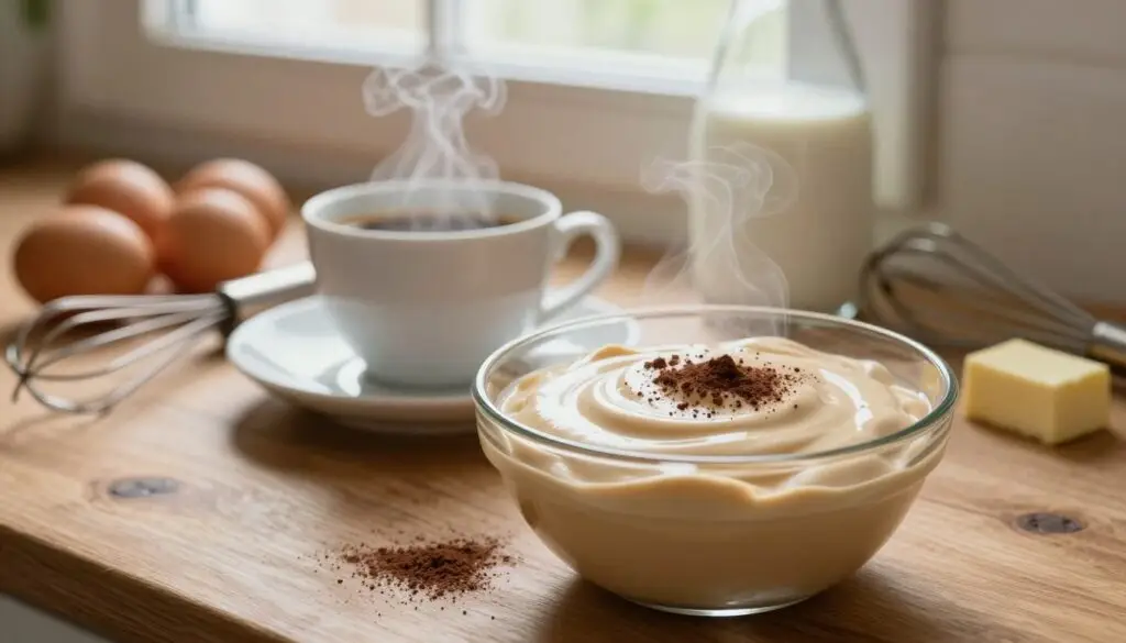 A beautifully arranged kitchen scene showcasing a creamy, rich coffee cream, known as "krem kawowy," lovingly prepared in a glass bowl. The foreground features the luscious coffee cream, with a smooth texture and a glossy sheen, accentuated by a sprinkle of cocoa powder. In the middle, there's an elegant coffee cup beside the bowl, reflecting light with a delicate steam rising from it, inviting warmth. Behind, colorful ingredients like eggs and milk sit charmingly on a rustic wooden countertop, harmonizing with soft, diffused natural light filtering through a nearby window, creating a cozy atmosphere. A vintage whisk and butter are subtly included to evoke the traditional baking essence. The overall mood is inviting, warm, and nostalgic, perfect for a comforting dessert preparation.