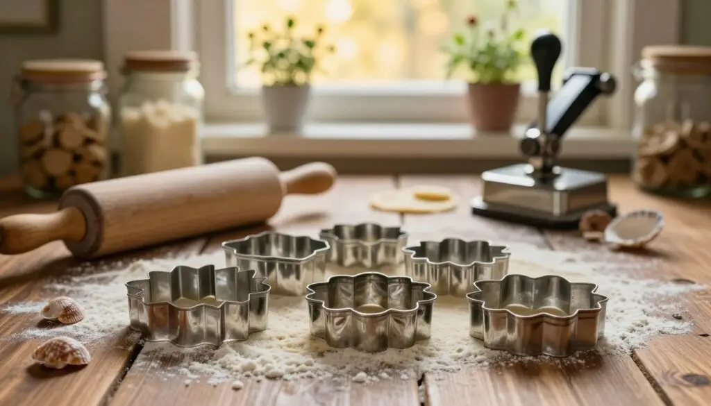 A beautifully arranged scene featuring a set of ornate metal molds for making "orzeszki," placed prominently in the foreground. The molds are intricate, showcasing floral designs and scalloped edges, gleaming softly in warm, inviting light. Nearby, a traditional wooden rolling pin and a vintage cookie press reflect a rustic kitchen atmosphere. In the middle ground, a dark wooden table is slightly flour-dusted, illustrating an active kitchen scene, with a few scattered shells and dough pieces. In the background, soft-focus jars of ingredients and a cozy window with botanical herbs create a homely ambiance, while golden sunlight gently filters through the window. The overall mood is warm, inviting, and nostalgic, emphasizing the craft of baking with care and tradition.
