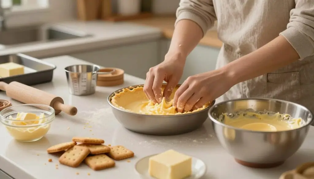 A beautifully organized kitchen workspace focused on the preparation of a cheesecake base. In the foreground, an array of ingredients, including crushed biscuits, melted butter, and a mixing bowl, are artfully arranged. The middle layer features a hands-on action, with a pair of hands gently mixing the ingredients, wearing modest casual attire. In the background, a clean kitchen countertop showcases baking tools such as measuring cups, a rolling pin, and a baking pan ready for the next step. Soft, warm lighting illuminates the scene, creating a cozy atmosphere, while the focus is slightly shallow to emphasize the hands and ingredients. The overall mood is inviting and encouraging, capturing the essence of preparing a delicious dessert.