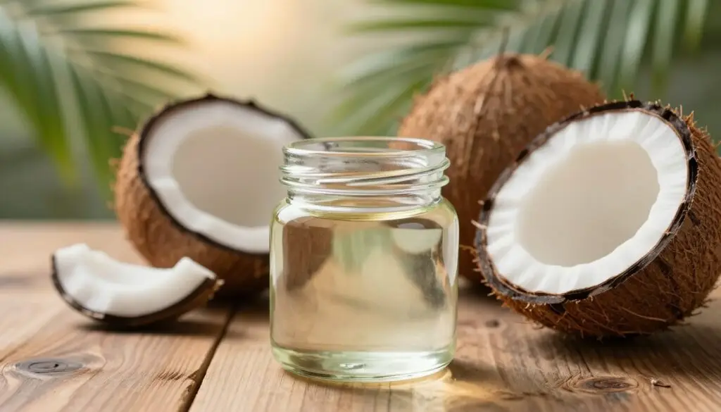 A clear close-up of refined coconut oil in a stylish glass jar, with the jar prominently displayed in the foreground. The jar has a shiny, reflective surface that captures soft natural light, emphasizing its purity and clarity. Surrounding the jar, a few fresh coconuts are halved, revealing their white flesh, placed on a rustic wooden table. In the background, softly blurred tropical plants and palm leaves create a lush, inviting atmosphere, enhancing the exotic appeal of coconut oil. The lighting should be warm and inviting, with a gentle sunlight effect, creating a cozy mood that draws attention to the health benefits of coconut oil. The composition should be balanced and aesthetically pleasing, focusing on the subject in a natural setting without any distractions.