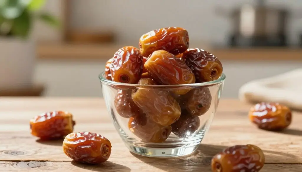 A close-up image of a decorative glass filled with plump, glossy dates, with a few dates scattered around on a rustic wooden table. The glass is illuminated by soft, warm natural light coming from the left, creating gentle shadows and highlighting the rich caramel color and texture of the dates. In the background, an out-of-focus kitchen scene with hints of greenery from potted plants and subtle, neutral tones to evoke a cozy, inviting atmosphere. The composition should emphasize the dates as a healthy snack option, capturing their sweetness and nutritional appeal without any distracting elements.
