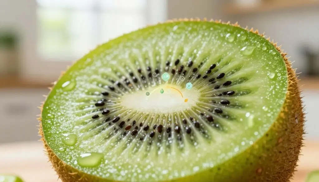 A close-up of a fresh kiwi sliced in half, showcasing its vibrant green flesh and tiny black seeds in stunning detail. The foreground features the kiwi's texture, highlighting water droplets glistening on its surface, symbolizing freshness. In the middle, a subtle display of nutritional elements like vitamins and minerals can be artistically represented, perhaps as ethereal icons that blend seamlessly with the fruit. The background features a soft-focus blurred kitchen setting with warm, natural light filtering through a window to create a welcoming atmosphere. The angle should be slightly above the fruit, emphasizing its vibrant color and lush texture while maintaining a clean, professional look. The image radiates a sense of health and vitality.